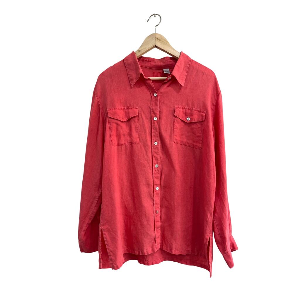 Lino by Chicos Linen Button Down Blouse Coral Coastal Chic Relaxed Fit Sz 2